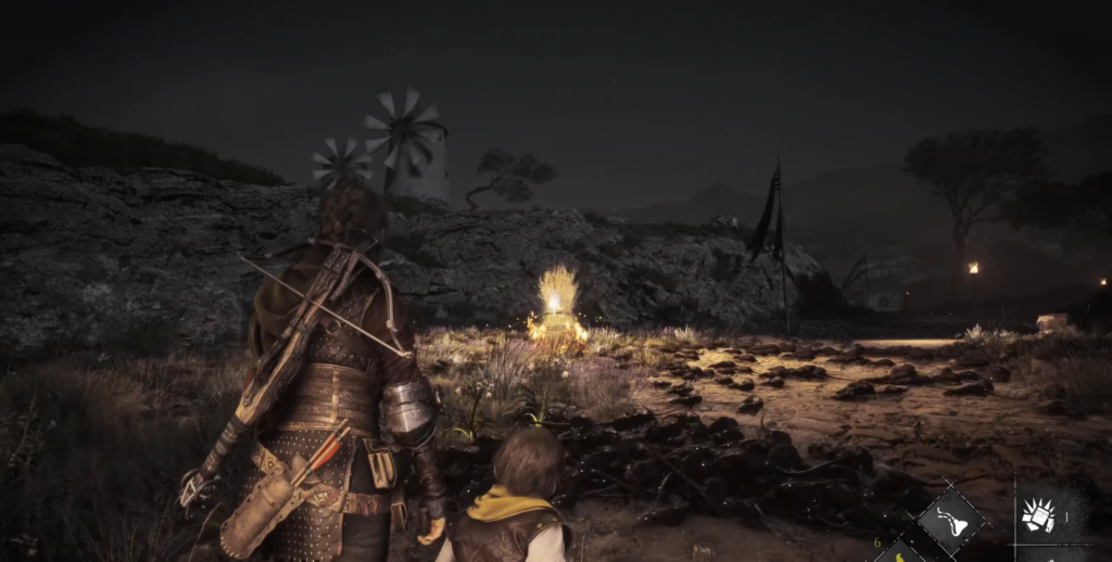 Two characters observe a fire at night.