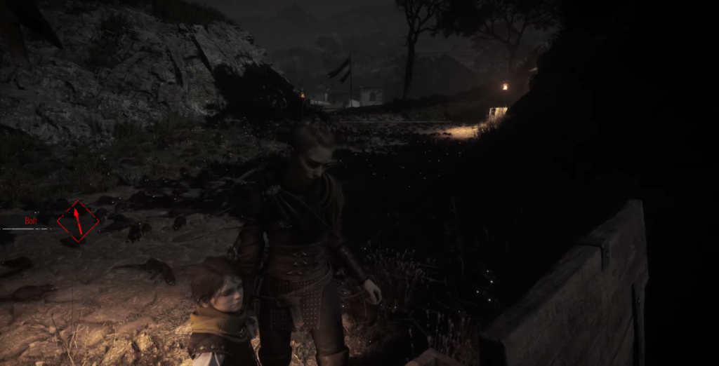 Amicia holding Hugo near a dark landscape.