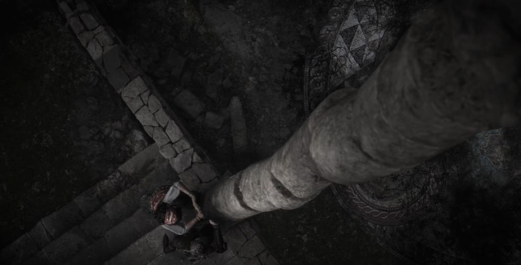 Character climbing a stone pillar in ruins.