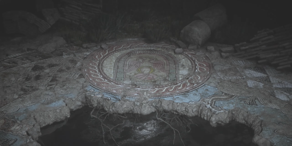 Mosaic design on cracked stone surface.