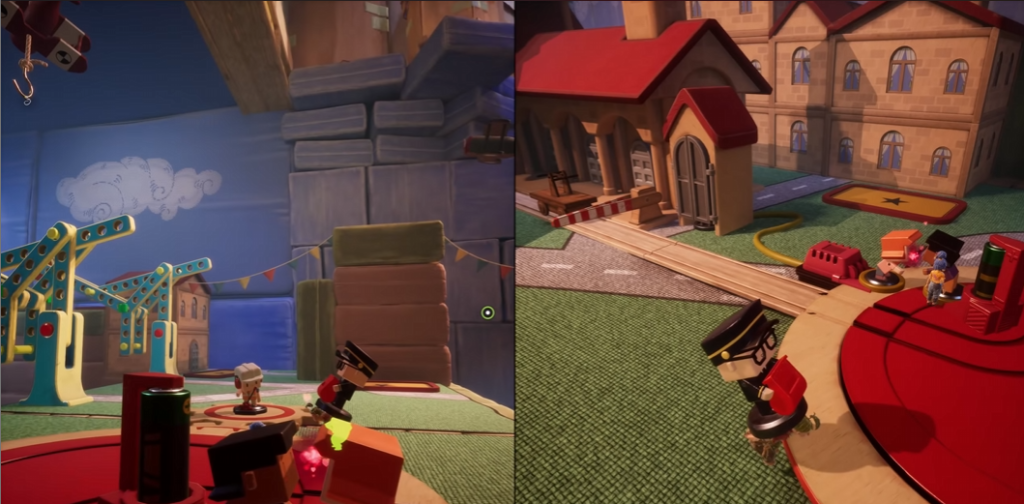 Toy soldiers running on playset near red-roof building