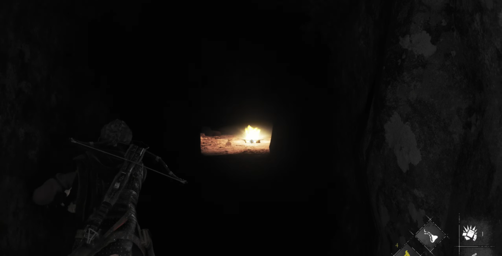 Character aiming bow at distant light source.