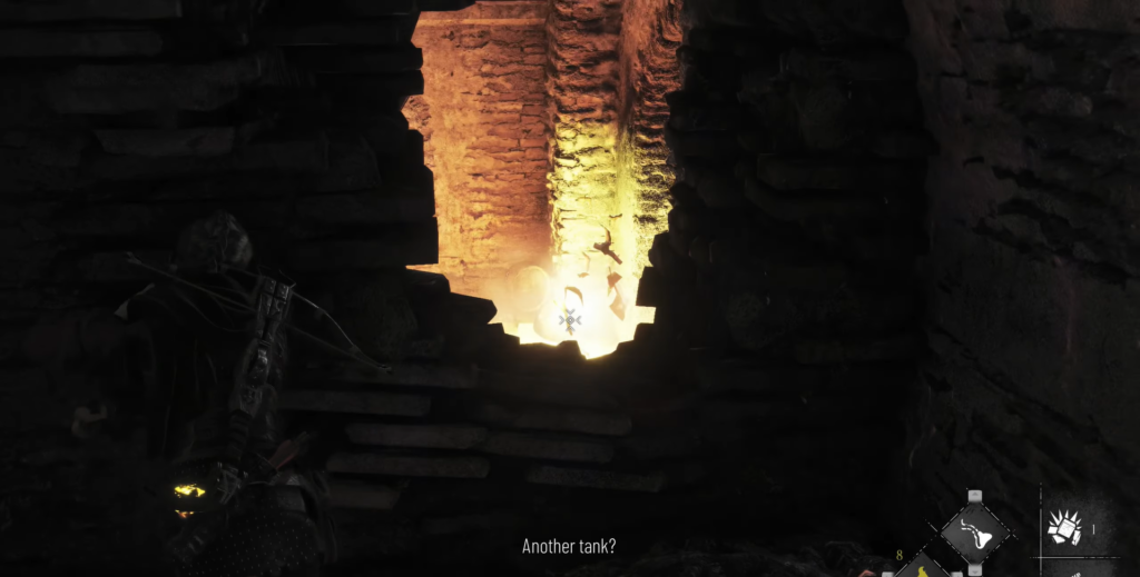 Character aims bow at glowing tank in ruins.