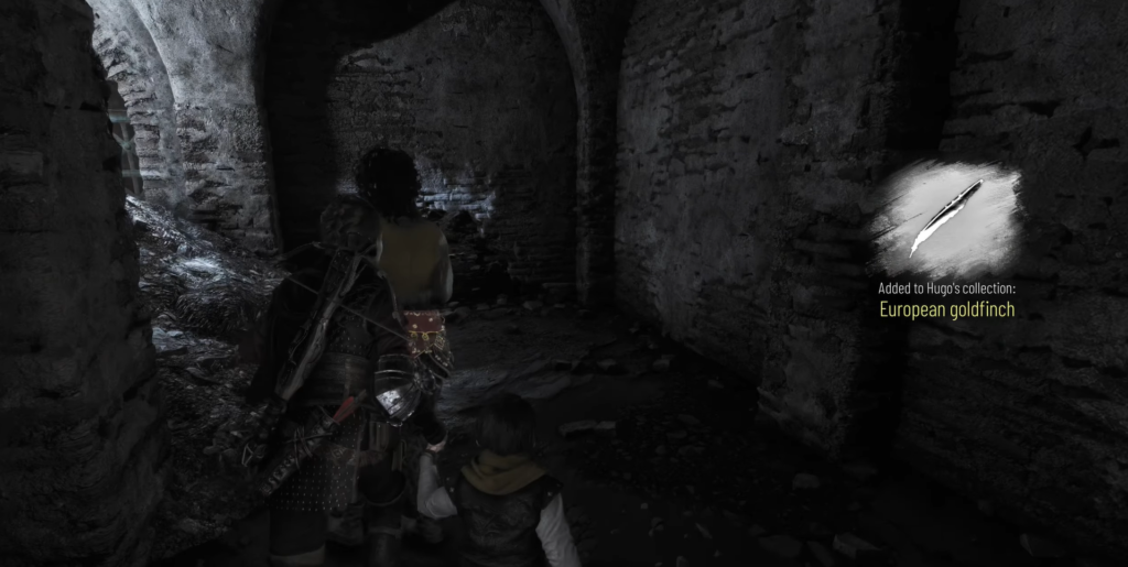 Characters exploring a dark stone corridor.