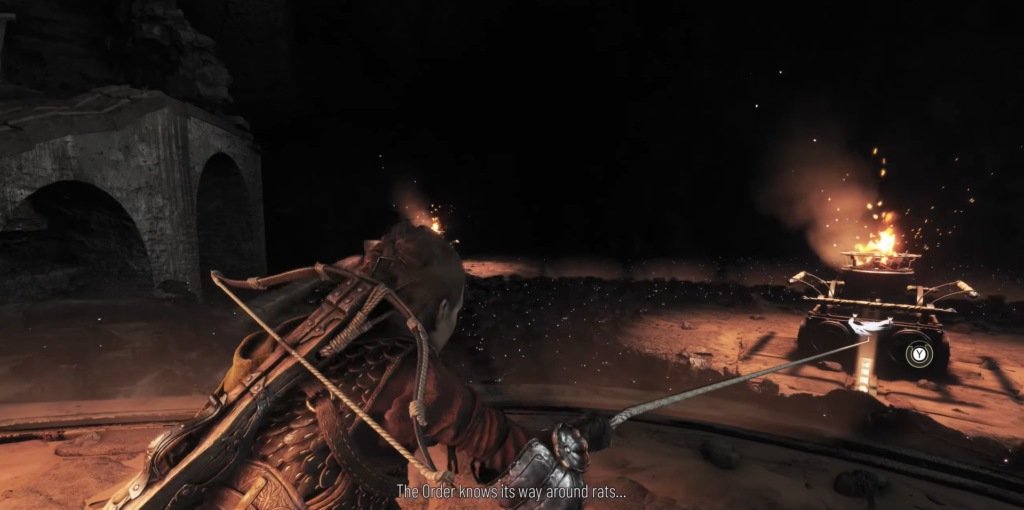 Character aiming bow in dark, smoky environment.