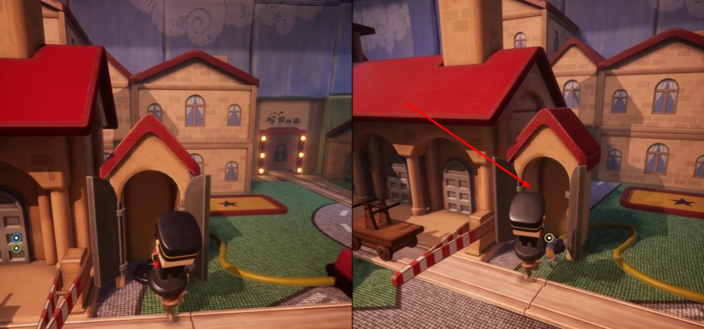 Toy soldier walking into red-roof building courtyard