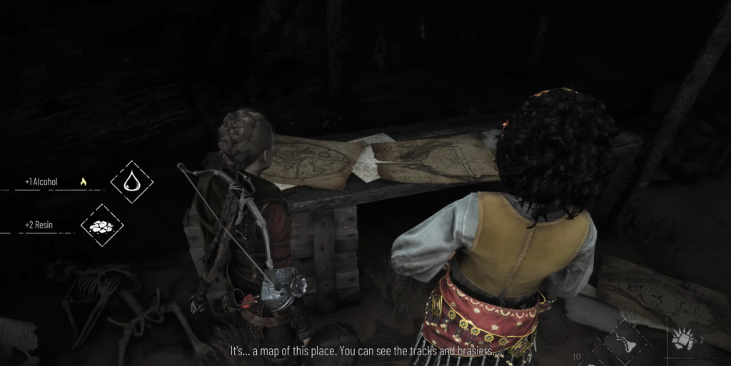 Two characters examine maps on a table.