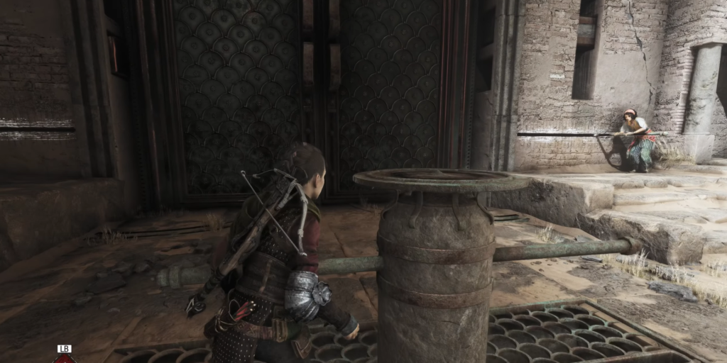 Character pushing a lever in ancient ruins.