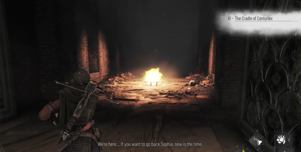 Character aims crossbow at fire in dark corridor.