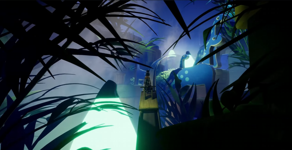 Person standing on platform in blue jungle ruins