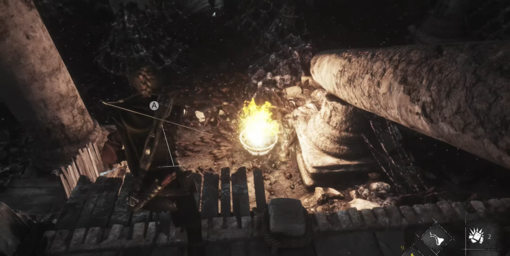 man aiming bow at fire in stone ruins