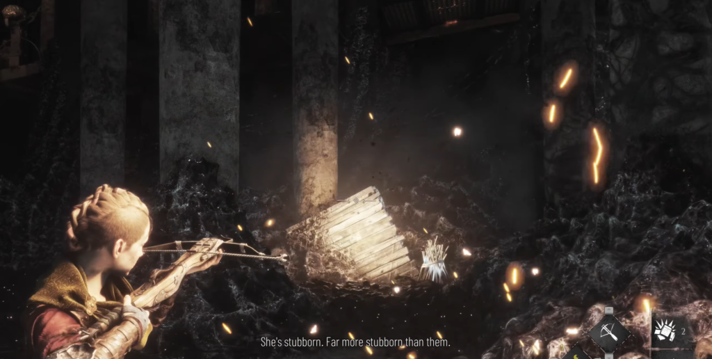 Girl aiming crossbow at wooden crate debris.