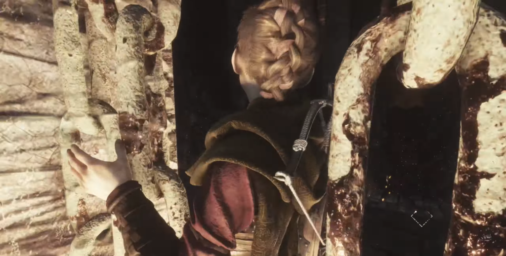 Blonde girl with braid near ancient stone doorway.