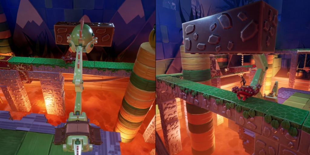 Mechanical hammer swinging over green platform above lava pit