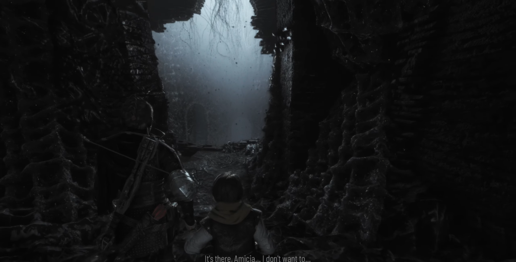 Amicia and Hugo exploring dark tunnel in A Plague Tale.