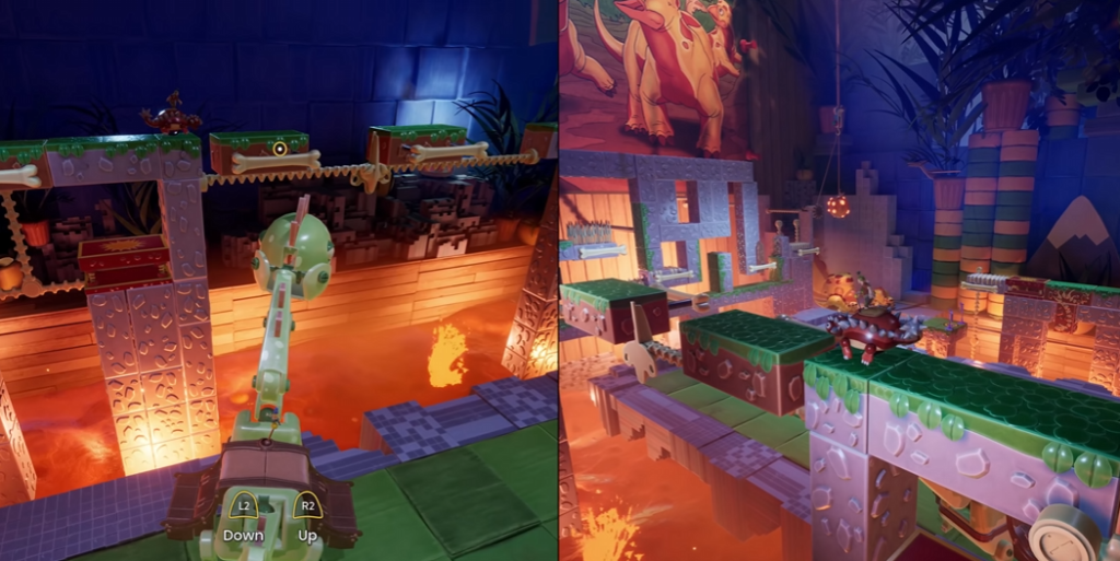 Split-screen platforming over lava in toy block level