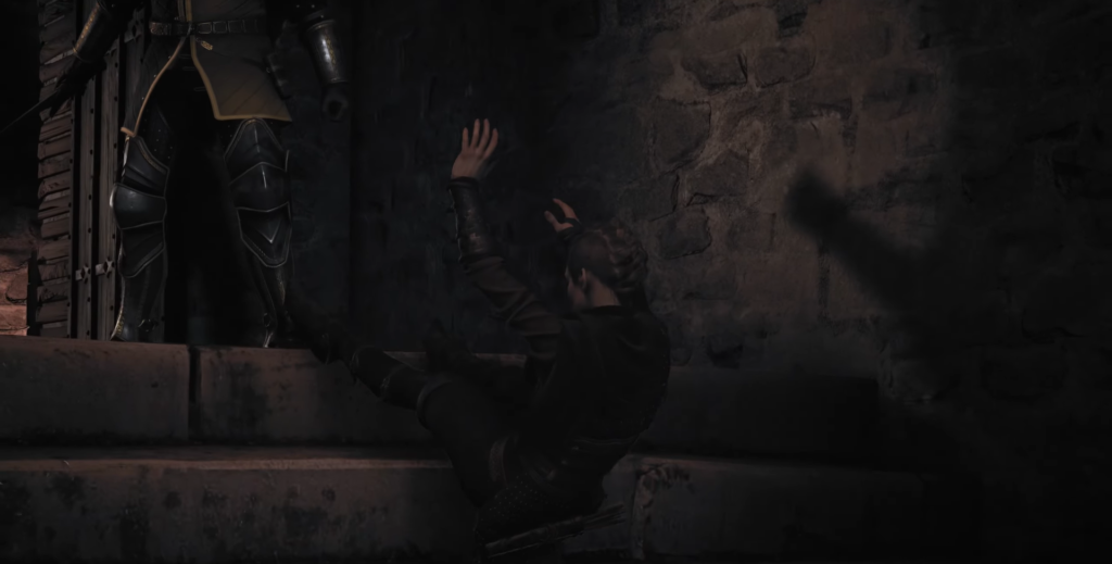 Character kneeling before armored figure in Dark Souls.