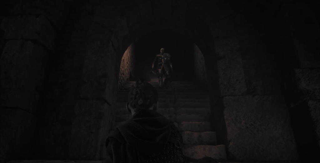 Kratos God of War ascending dark stone stairs.