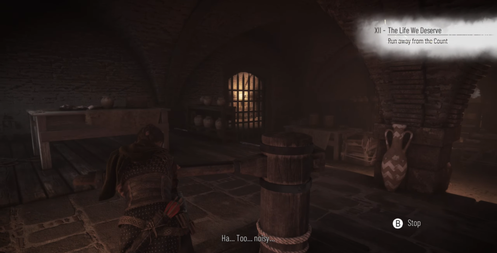 Character hiding in dark cellar, A Plague Tale.