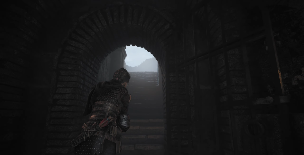 Amicia A Plague Tale: Requiem climbing stone stairs.