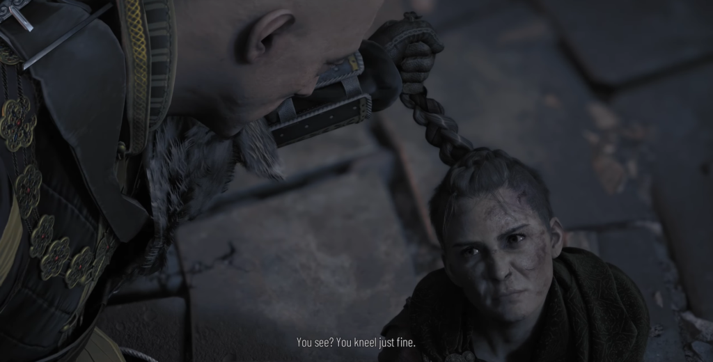 Abby The Last of Us kneeling before enemy.