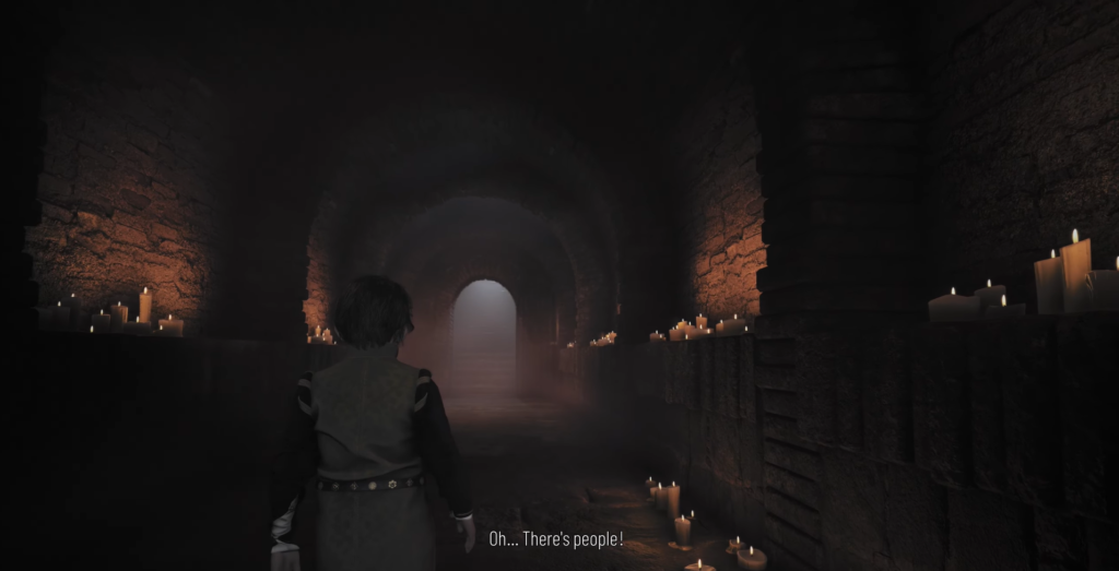 Amicia A Plague Tale: Requiem entering dark corridor.
