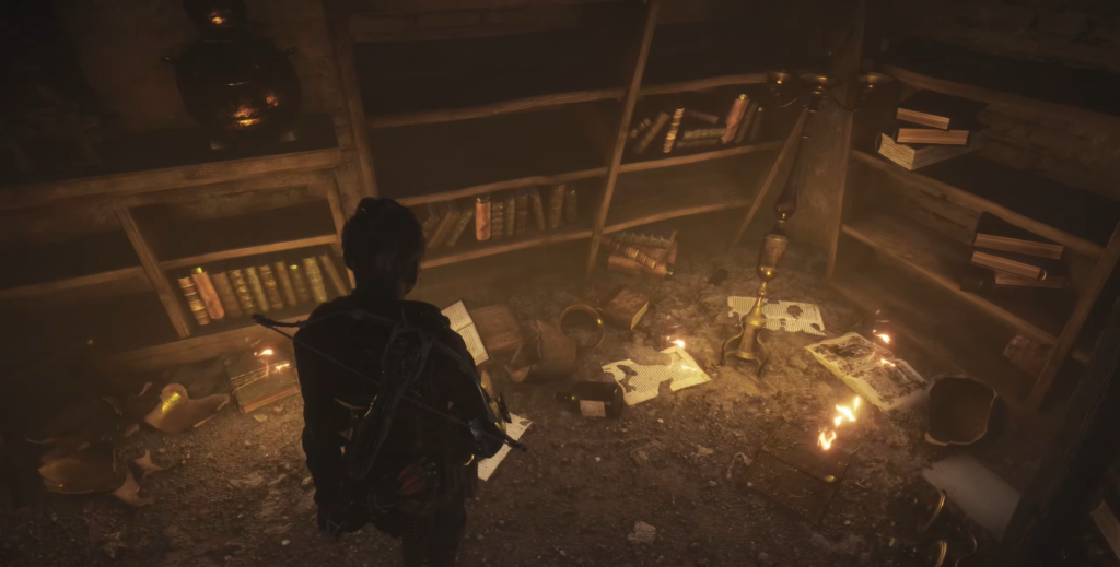 Lara Croft explores a dusty, forgotten library.