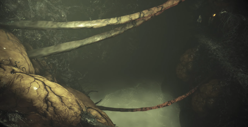 Veins of darkness pulse in eerie, shadowy depths.