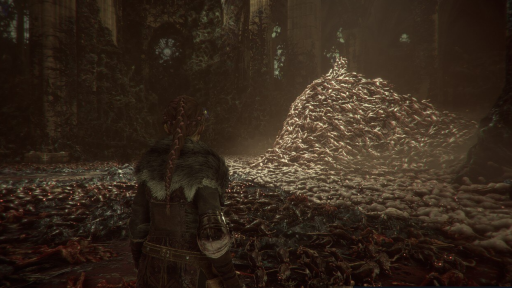 Amicia from A Plague Tale: Requiem, amidst decay.