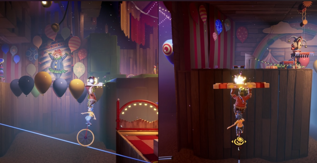 May and Cody hanging from platform in circus level It Takes Two