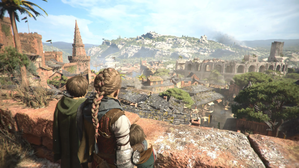 Amicia and Hugo gazing over a sunlit city.