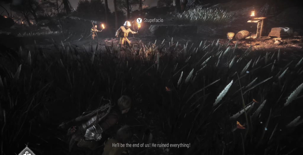 Stealthy protagonist hiding in shadowy grass.