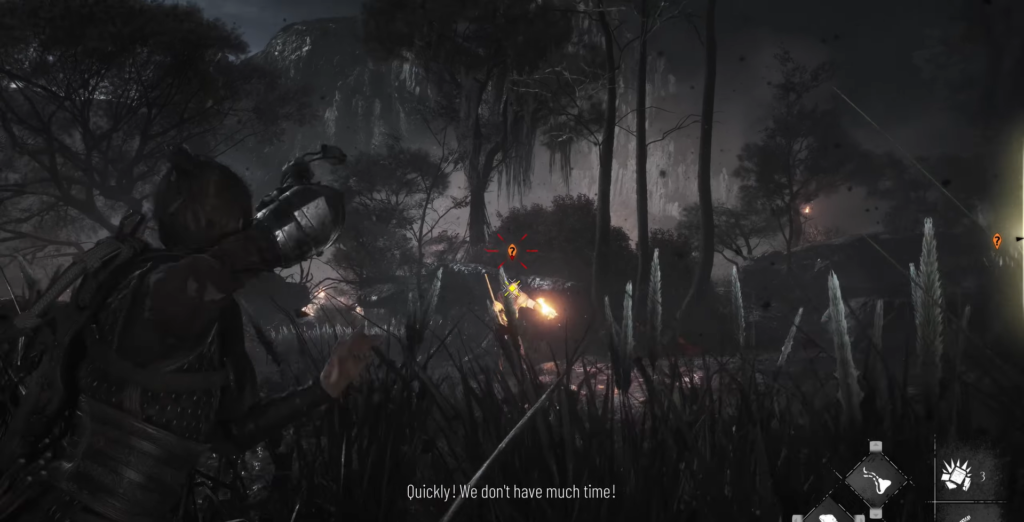 Lara Croft from Tomb Raider aiming in darkness.