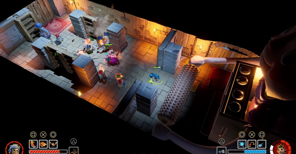 Players fighting enemies in dungeon room, isometric view