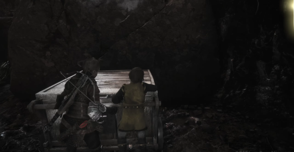 Aloy and companion push a wooden cart forward.