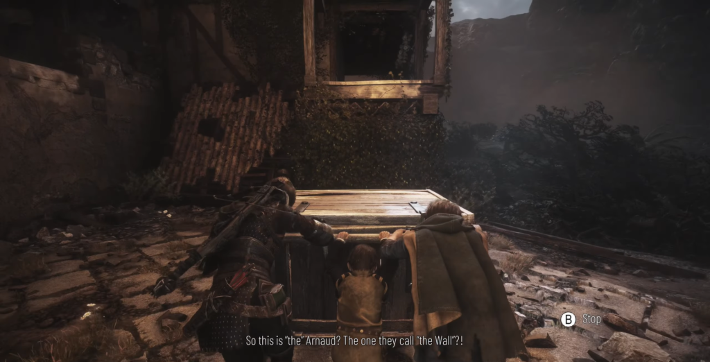 Aloy and a child peering into shadows.