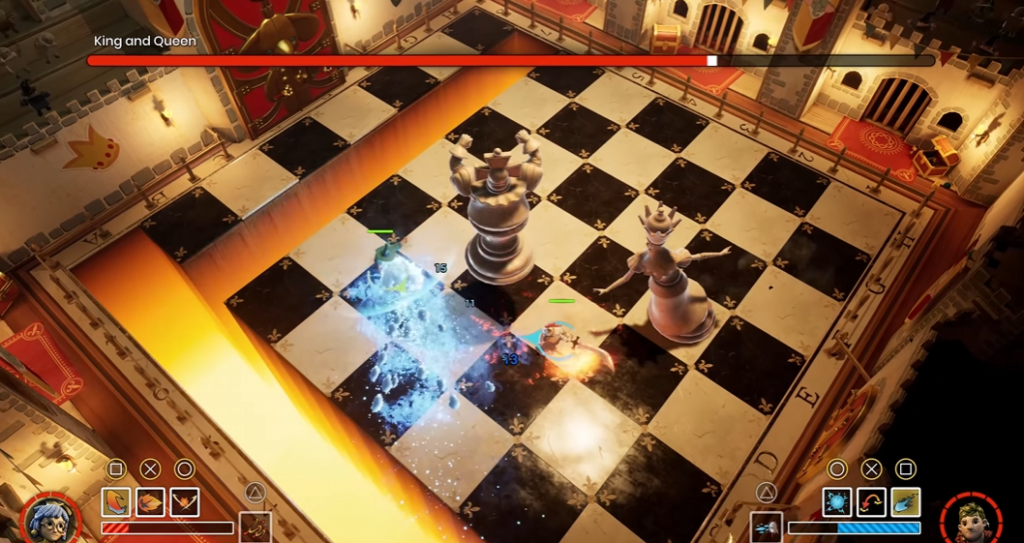 King and Queen chess pieces battling on checkered board arena