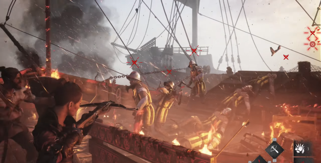 Character aiming rifle in Assassin's Creed.