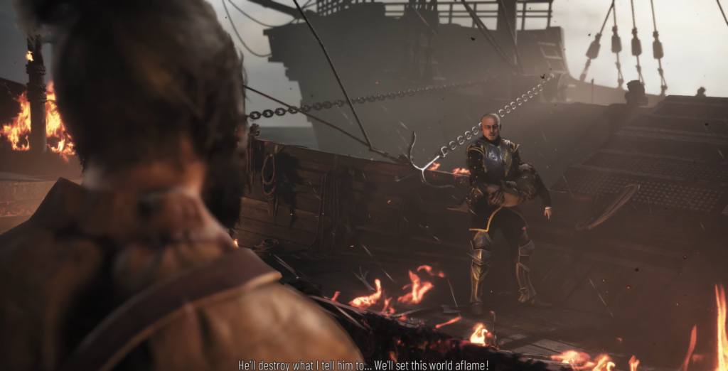 Man in armor stands amidst flames.