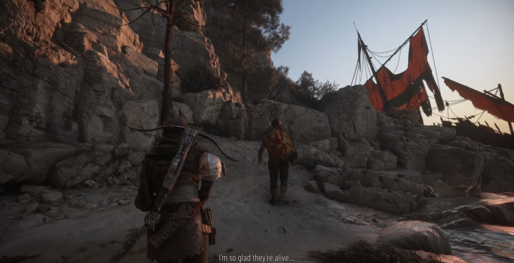 Two characters walking on rocky shore.