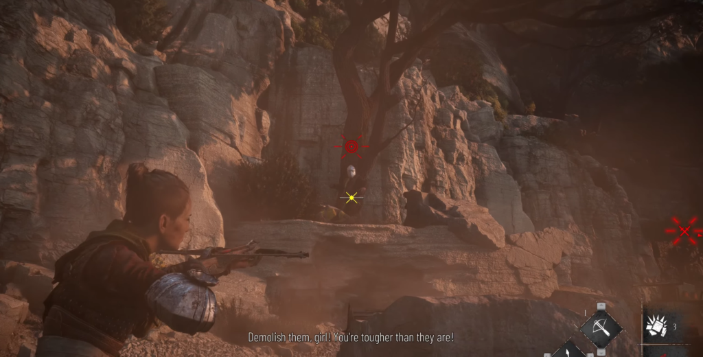 Girl aiming rifle at rocky cliff.