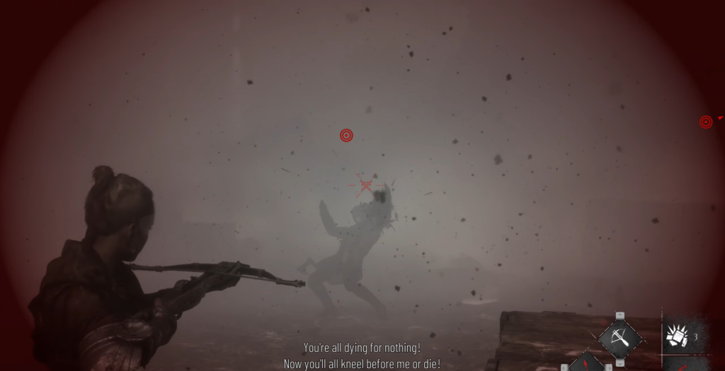 Character aiming rifle at shadowy figure.