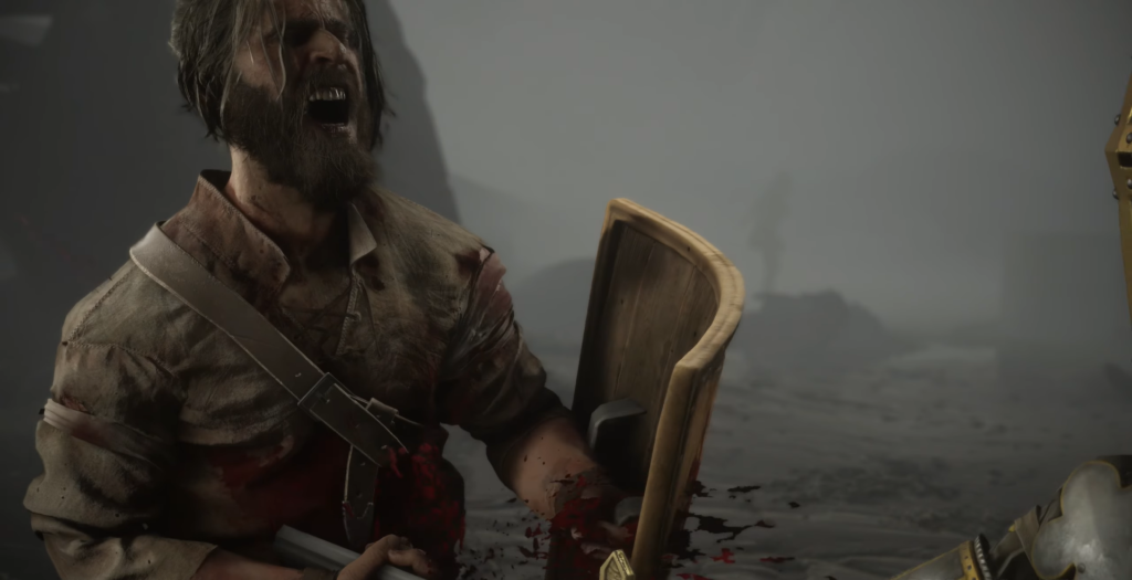 Bearded man screaming, blood splattering shield.