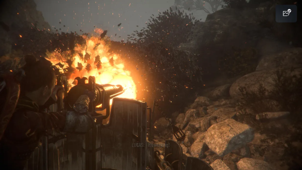 Character firing cannon at explosion.