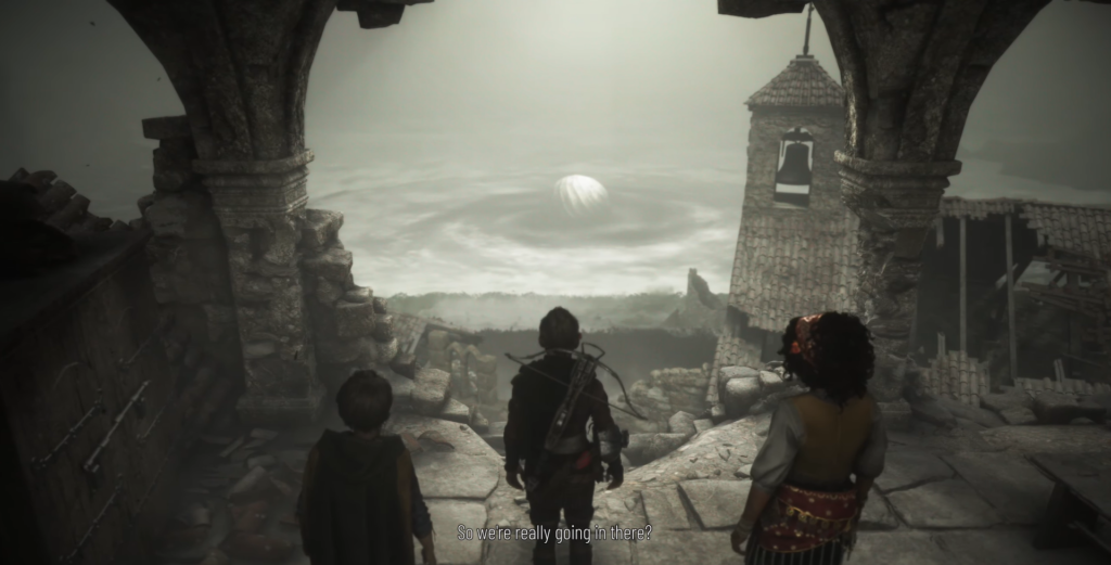 Three characters overlooking swirling water.