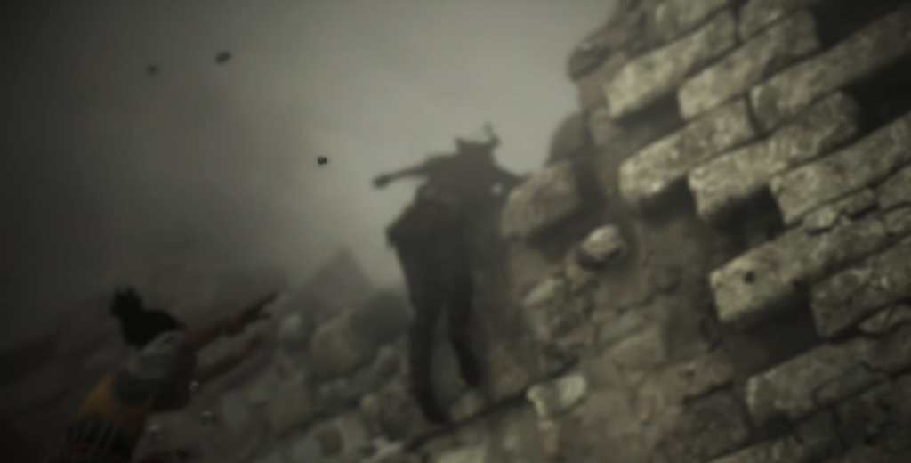 Person climbing stone wall, foggy background.