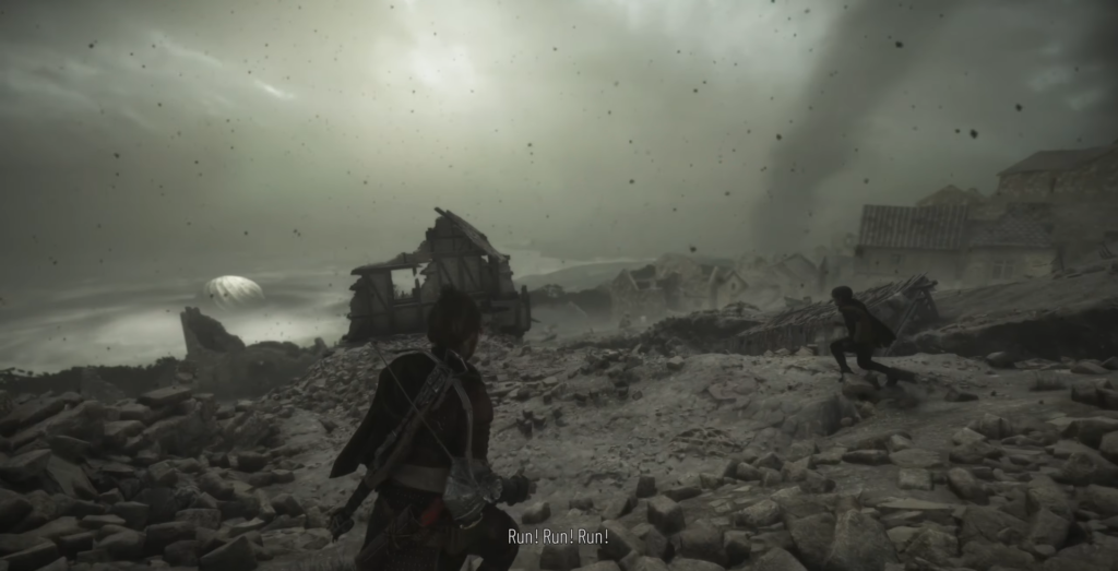 Desolate landscape with crumbling buildings, storm.