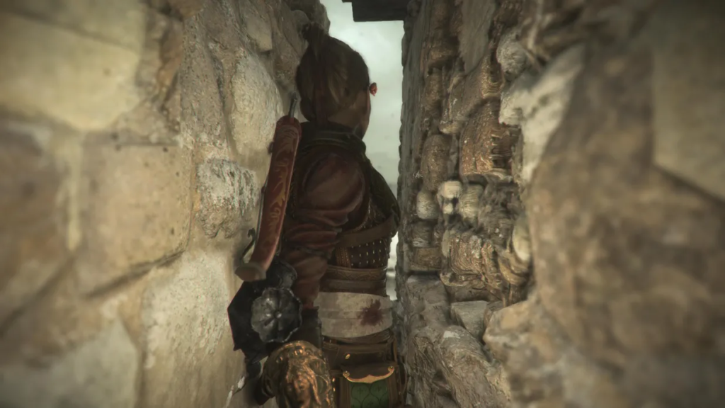 Character navigating narrow stone passageway.