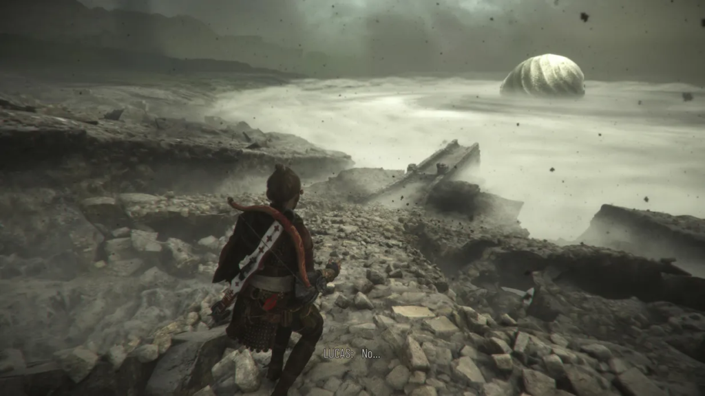 Character standing on rocky terrain, clouds.