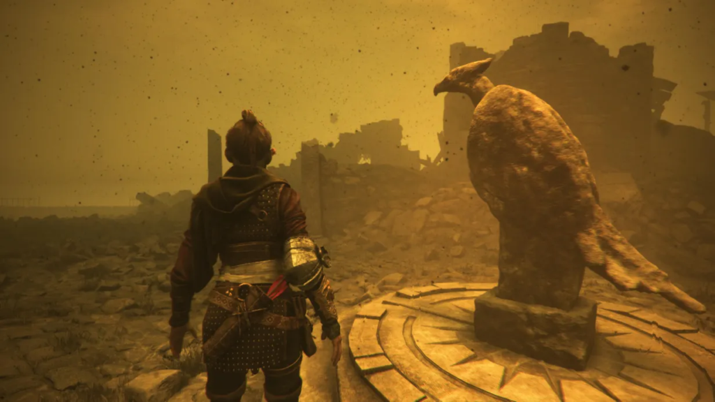 Character stands near stone bird statue.